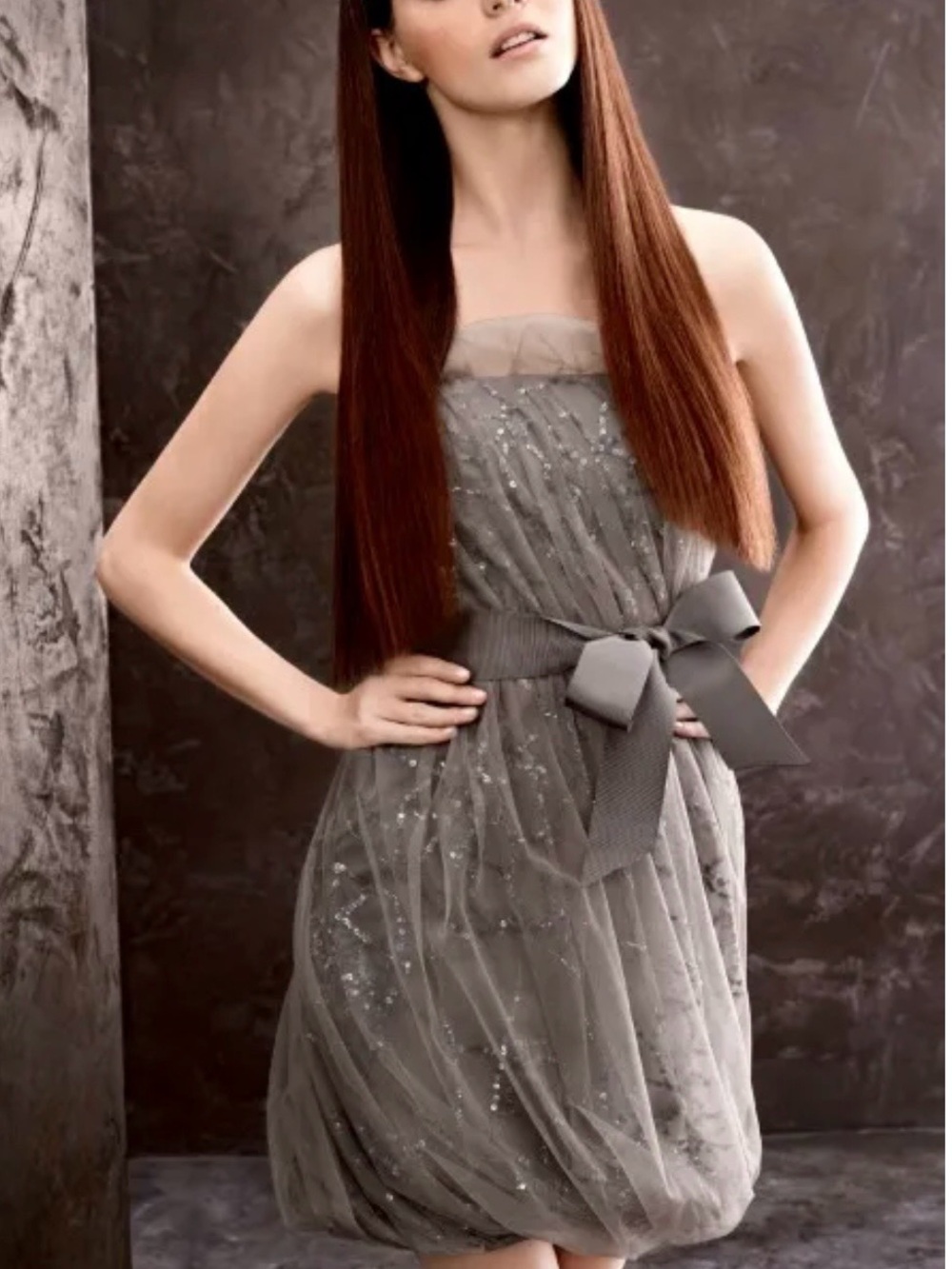 White by Vera Wang Strapless Gray Tulle Dress with Bow